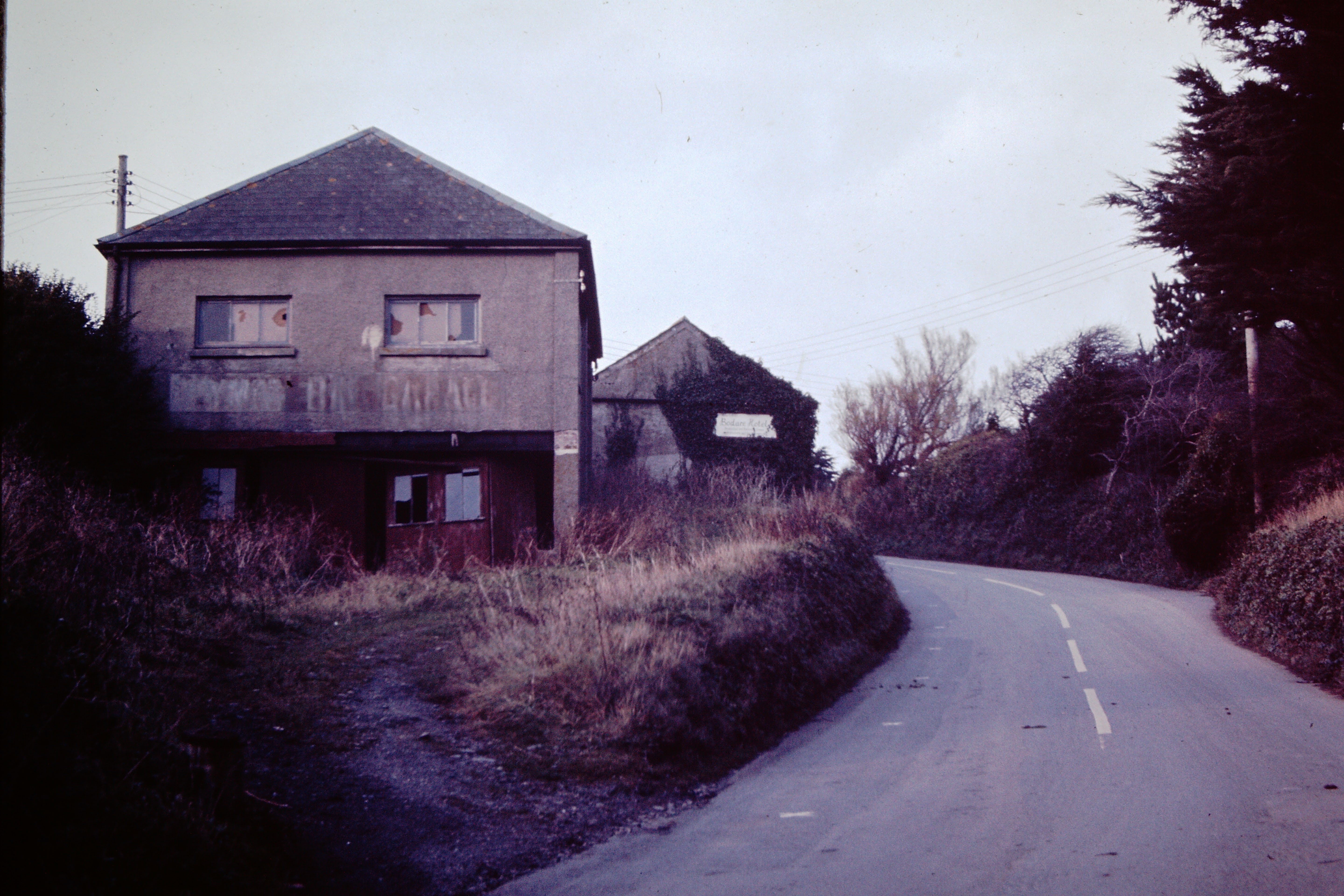 This was looking up, at the top of Worthy Hill, Daymer Bay Garage, might have been built before WW2 but it was derelict in 1956