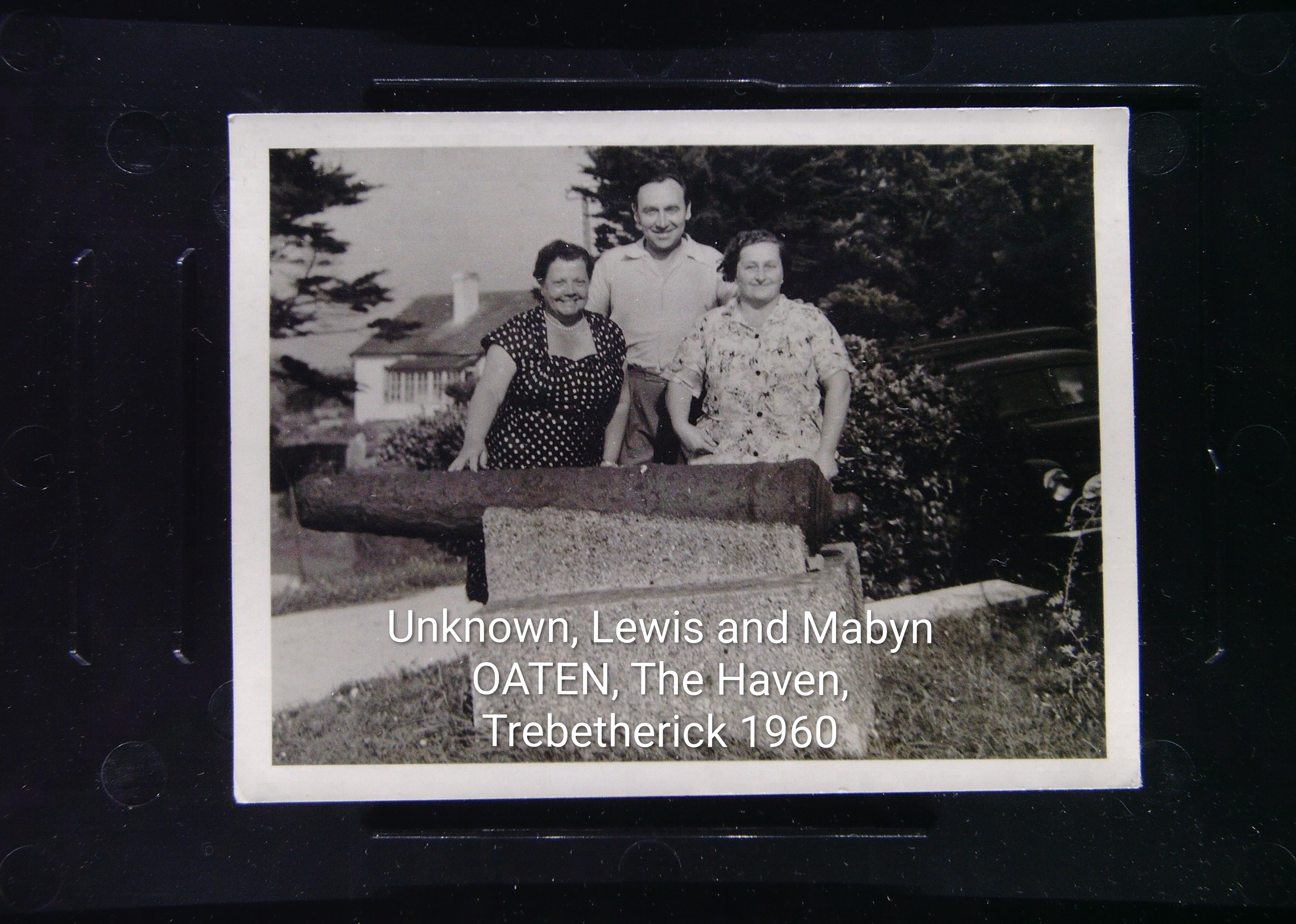 Unknown woman with Lewis and Mabyn Oaten by the Trebetherick Point cannon at _The Haven_ in the mid 1950s~2